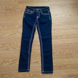 Gently worn straight legged jeans with white stitching